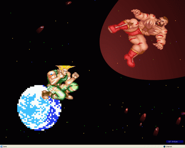 planet-sized Zangief jumpkicks the earth into oblivion